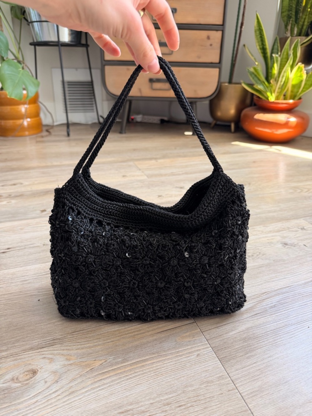The Sak Black Crochet and Beaded Hobo Bag